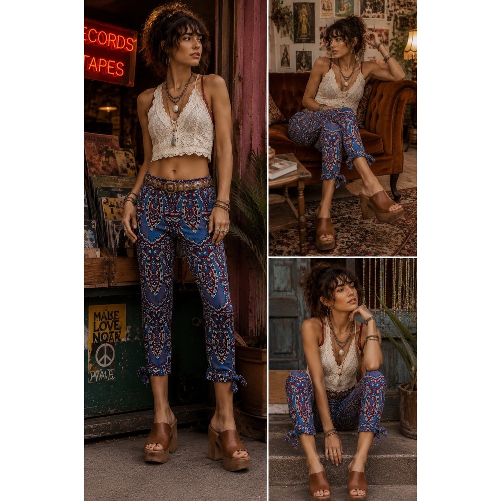 Free People Paisley Tie Hem Cropped Pants 8 Boho Y2K Indie Sleaze Maximalist - Picture 2 of 12